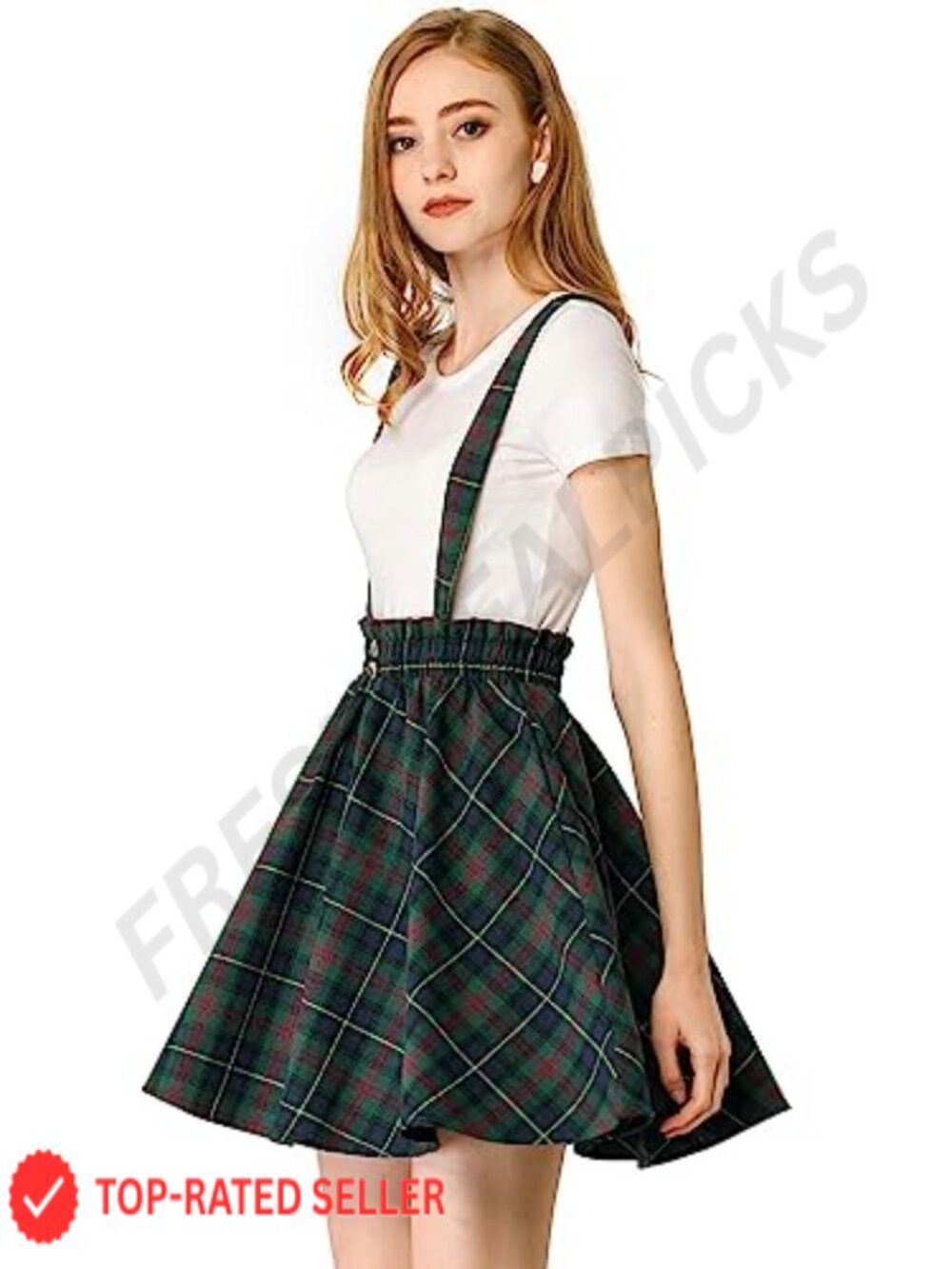 Plaid Pleated Mini Skirt Detachable Straps High Waist Above Knee